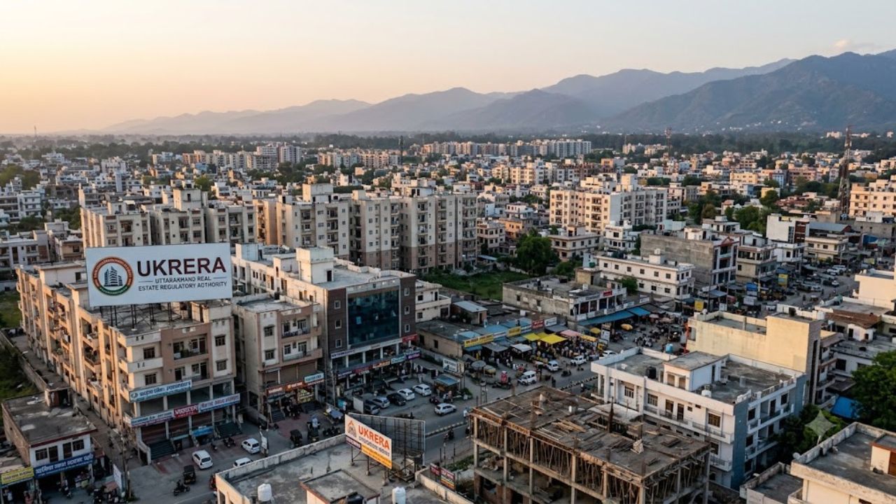 Aerial view of Rudrapur city featuring residential developments and UKRERA branding, representing RERA approved projects and safe real estate investment in Rudrapur, Uttarakhand.
