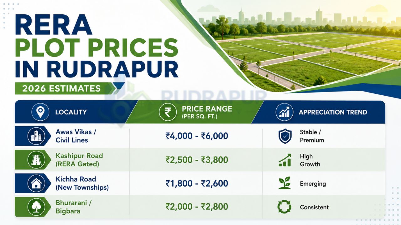 Infographic showing RERA plot prices in Rudrapur (2026) with area-wise price per square foot, appreciation trends, and locality comparison including Awas Vikas, Kashipur Road, Kichha Road, and Bhurarani.