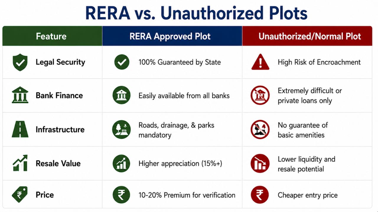 Comparison table showing the differences between RERA-approved plots and unauthorized plots, including legal security, bank finance, infrastructure, resale value, and price.