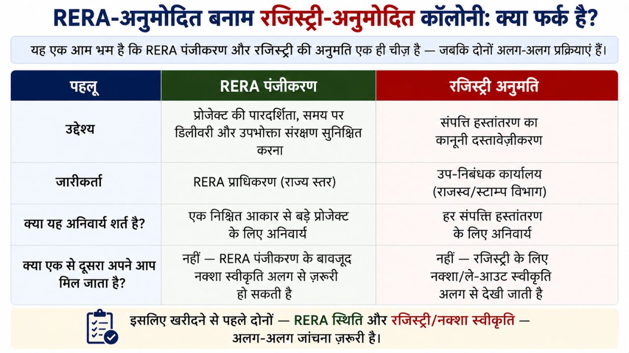 इन्फोग्राफिक जिसमें RERA अनुमोदित और रजिस्ट्री अनुमोदित कॉलोनी के बीच उद्देश्य, जारीकर्ता, अनिवार्यता और कानूनी अंतर की तुलना दिखाई गई है।