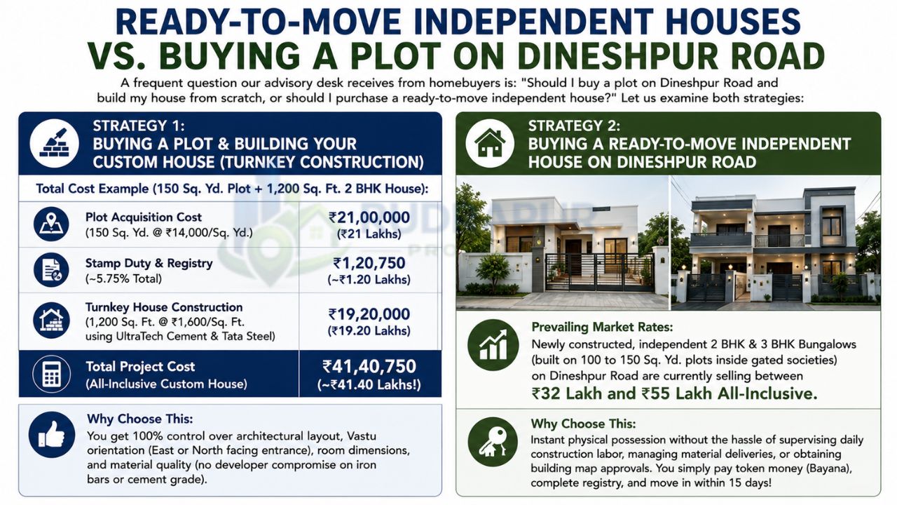Infographic comparing ready-to-move independent houses and buying a residential plot on Dineshpur Road, Rudrapur, including construction costs, property prices, and investment benefits.
