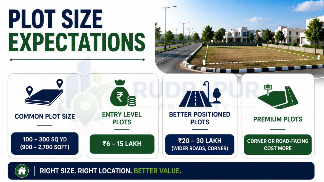 Infographic explaining common residential plot sizes, budget ranges, premium corner plots, and entry-level plot investment options.