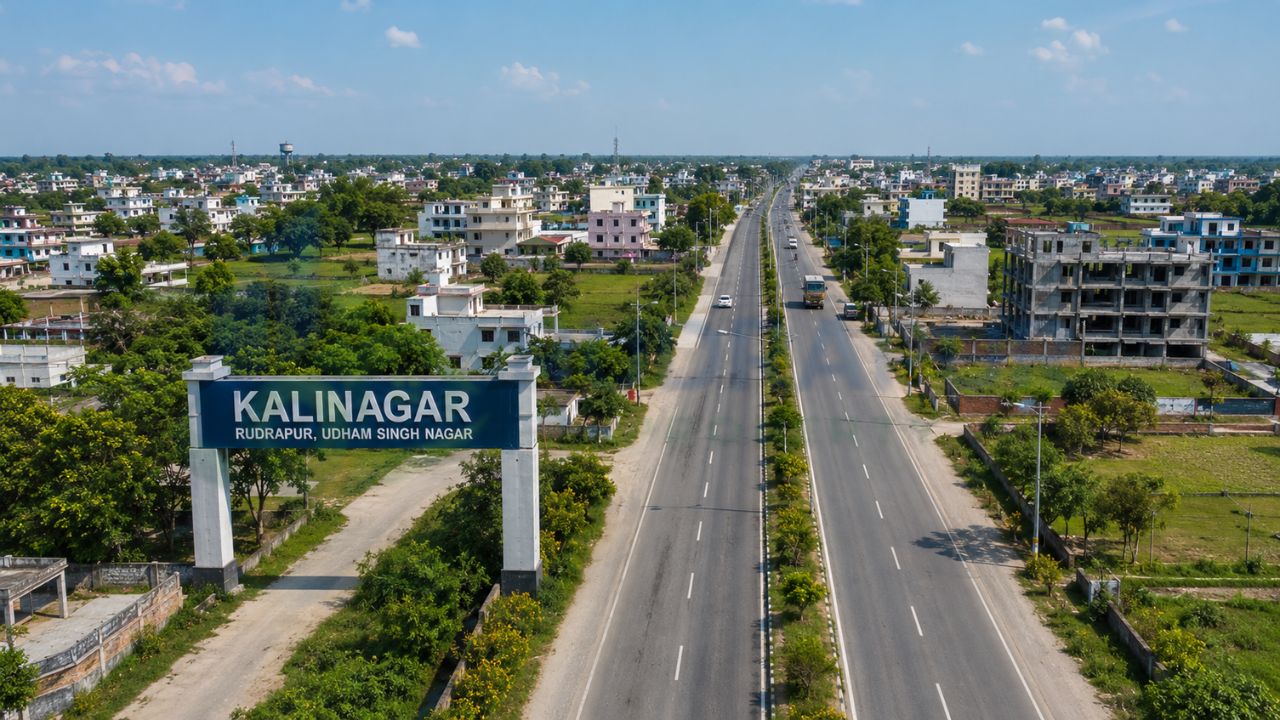 Aerial view of Kalinagar Rudrapur showcasing a wide highway, residential neighborhoods, and developing infrastructure in a prime location for residential plots and real estate investment.