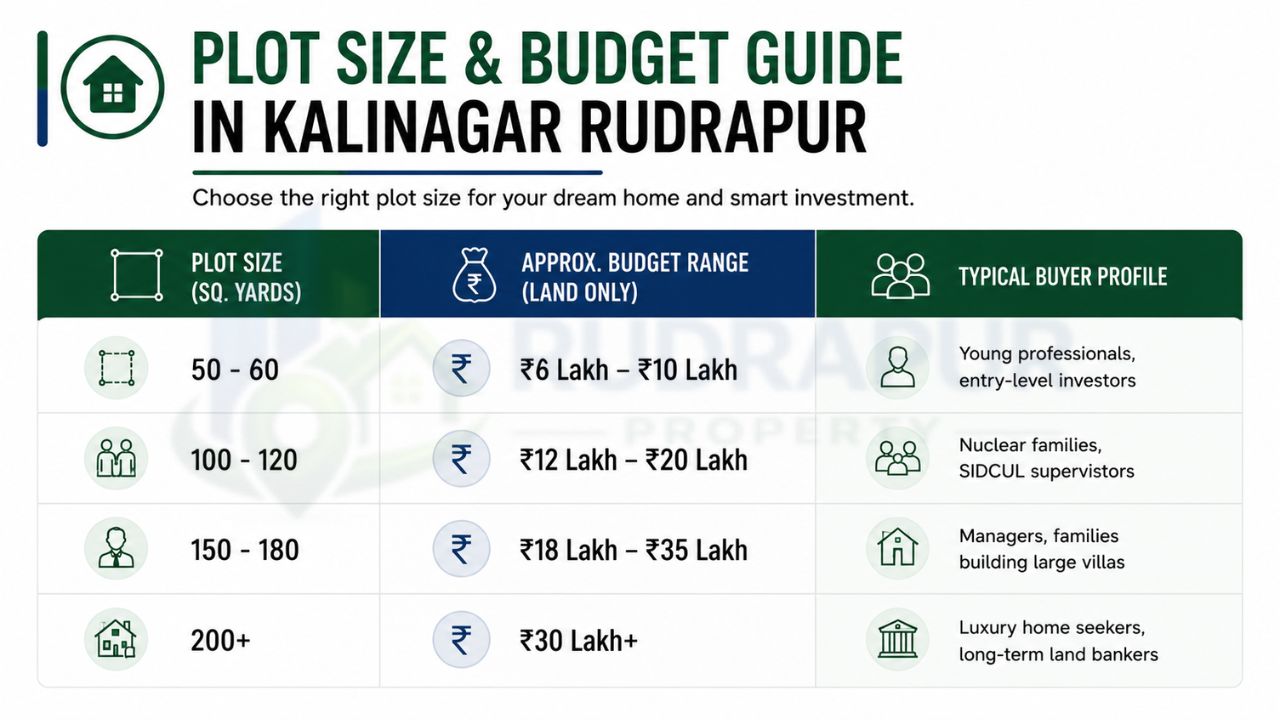Plot size and budget guide for residential plots in Kalinagar Rudrapur showing plot dimensions, estimated land prices, and buyer profiles for smart property investment.