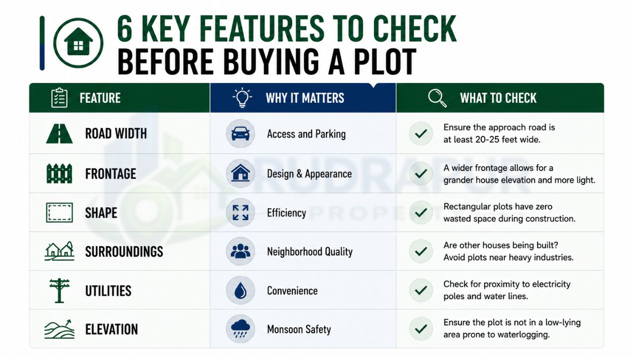 Six key features to check before buying a residential plot, including road width, frontage, plot shape, surroundings, utilities, and elevation for a smart real estate investment.
