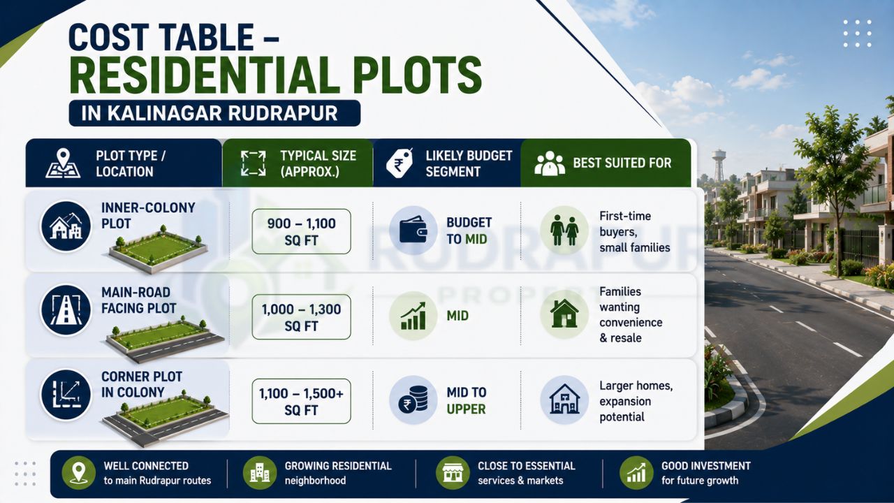Infographic showing residential plot types, typical plot sizes, budget segments, and ideal buyers for residential plots in Kalinagar Rudrapur.