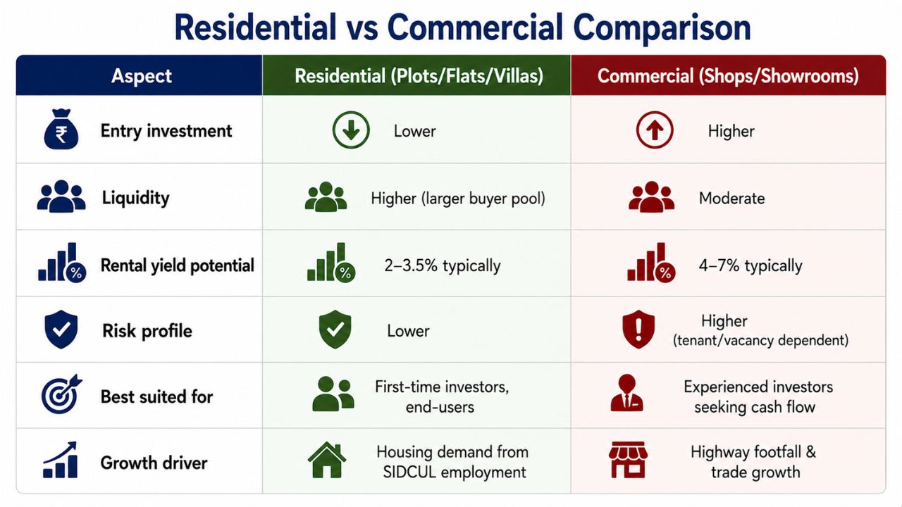 Comparison chart of residential and commercial property investment in Rudrapur showing investment cost, rental yield, liquidity, risk, and growth potential.