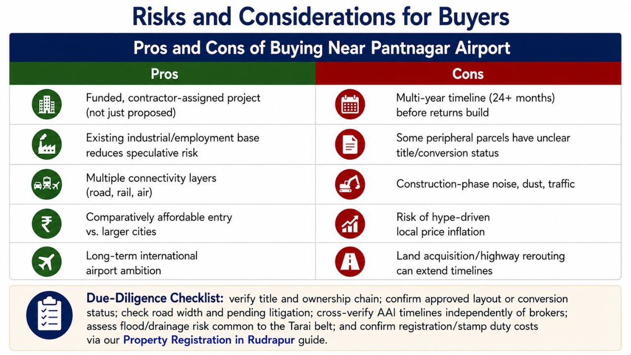 Comparison chart showing the advantages, risks, and due diligence checklist for buying property near Pantnagar Airport in Rudrapur, Uttarakhand.