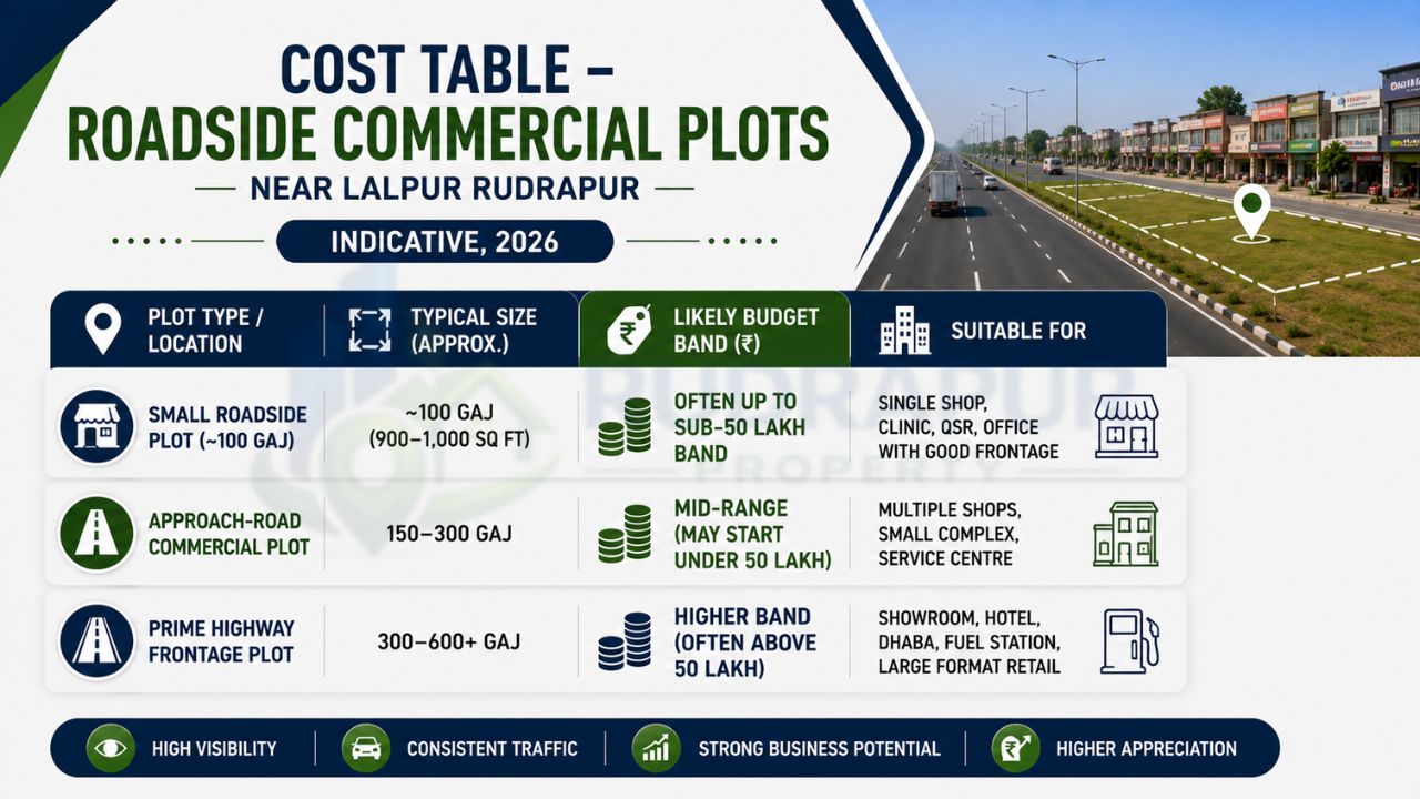 Infographic showing the cost table, plot sizes, budget ranges, and suitable business uses for roadside commercial plots near Lalpur Rudrapur.