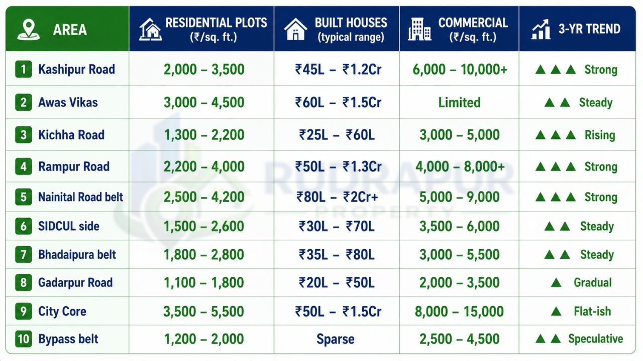Infographic comparing residential plot prices, house prices, commercial property rates, and recent market trends across major areas of Rudrapur.