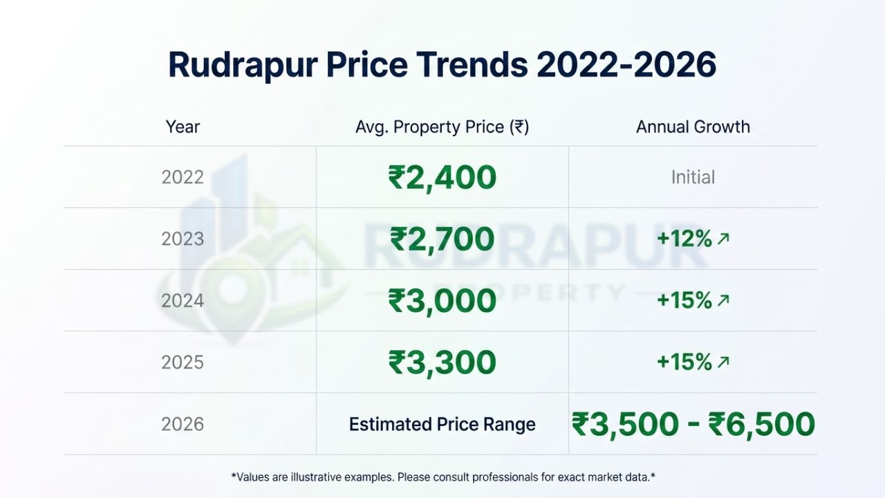 Property price trend chart showing average real estate prices in Rudrapur from 2022 to 2026 along with annual appreciation and estimated price range.