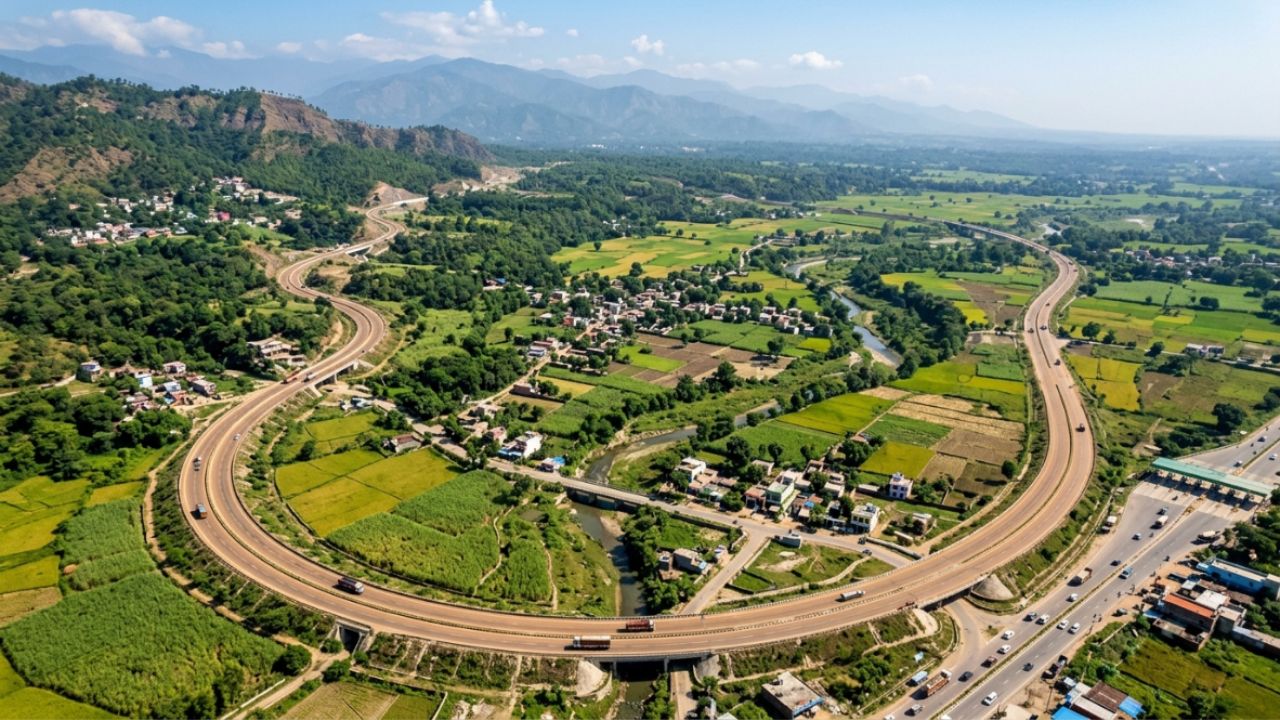 Aerial view of the proposed Rudrapur Ring Road route showing highway connectivity, agricultural land, nearby villages, and future development corridors in Uttarakhand.