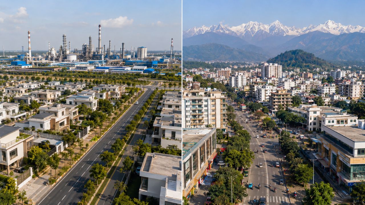 Side-by-side comparison of Rudrapur's industrial township and Haldwani city with Himalayan mountain views, highlighting the best property investment locations in Uttarakhand.