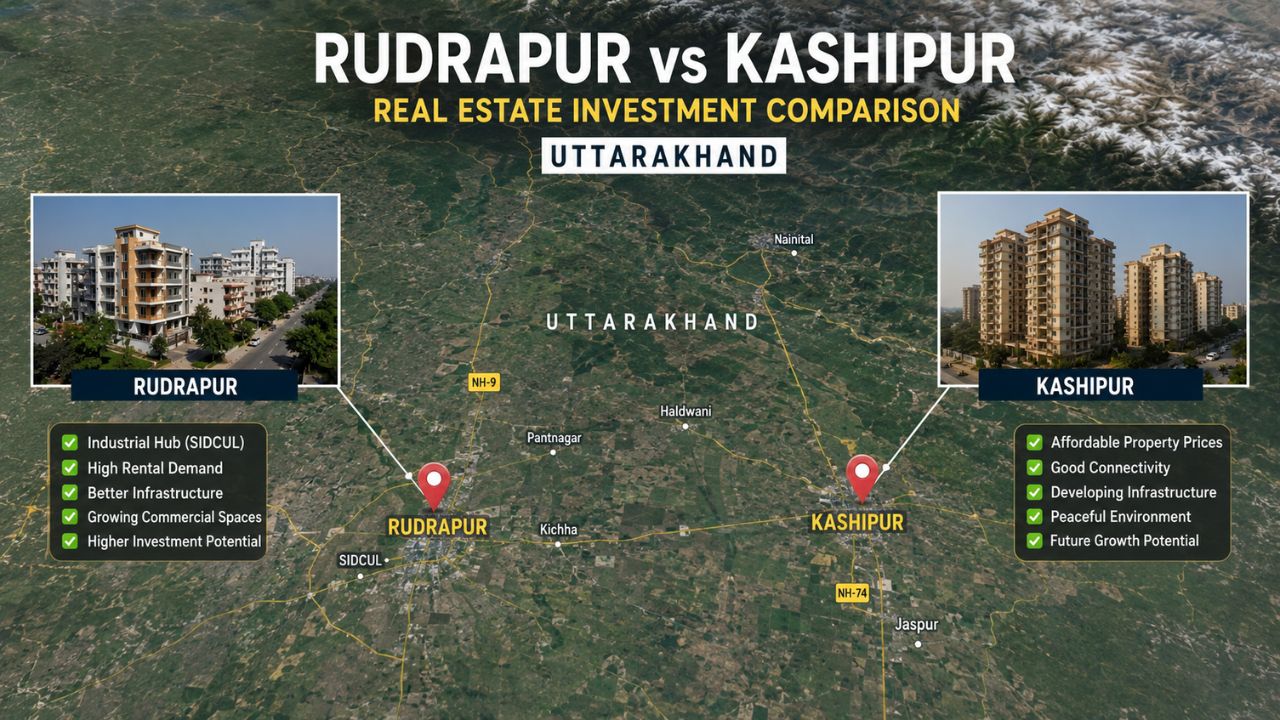 Comparison map of Rudrapur and Kashipur in Uttarakhand highlighting property investment opportunities, infrastructure, rental demand, connectivity, and future growth potential.