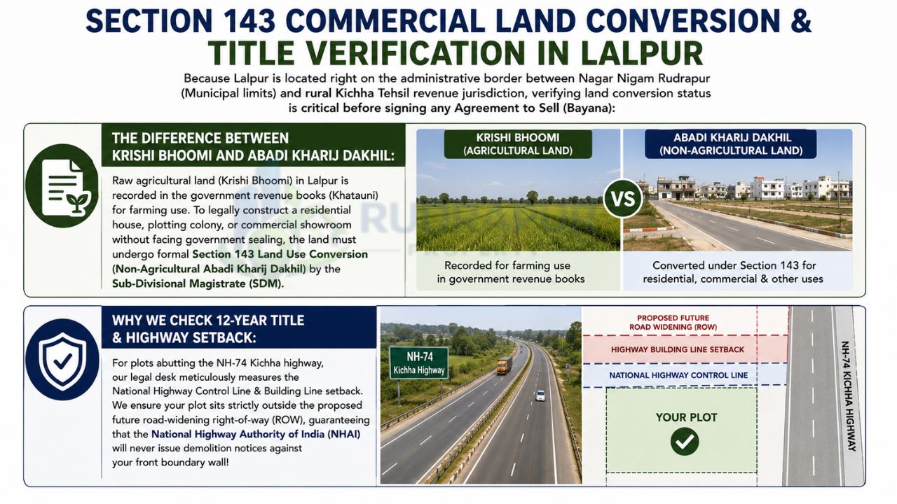 Infographic explaining Section 143 land conversion and title verification in Lalpur, Rudrapur, comparing agricultural land, non-agricultural land, highway setback rules, and property title checks.
