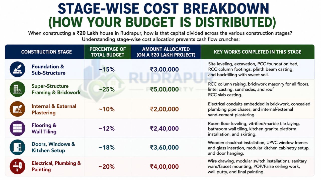 Infographic showing the stage-wise house construction cost breakdown in Rudrapur, including foundation, brickwork, plastering, flooring, doors, windows, electrical, plumbing, and painting budget allocation.