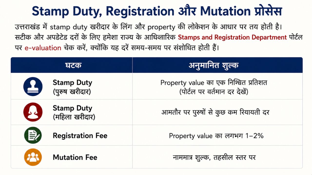 रुद्रपुर में संपत्ति खरीदने के लिए स्टाम्प ड्यूटी, रजिस्ट्री शुल्क और म्यूटेशन प्रक्रिया की जानकारी दर्शाता हुआ हिंदी इन्फोग्राफिक।