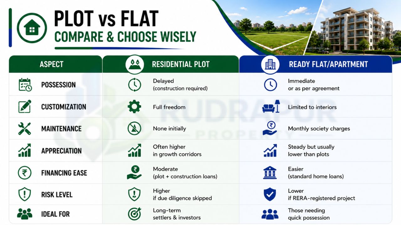 Plot vs flat comparison in India highlighting possession, customization, maintenance, appreciation, financing, risk level, and ideal buyers