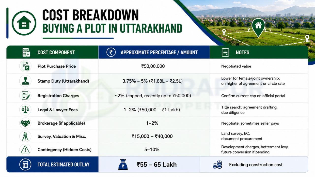 Plot buying cost breakdown in Uttarakhand covering purchase price, stamp duty, registration, legal fees, brokerage, hidden costs, and total investment