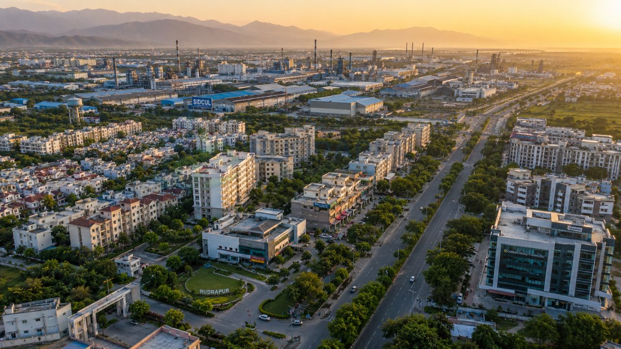 Aerial view of Rudrapur city showing residential neighborhoods, commercial developments, and the SIDCUL industrial area, highlighting the top locations to buy property in Rudrapur.