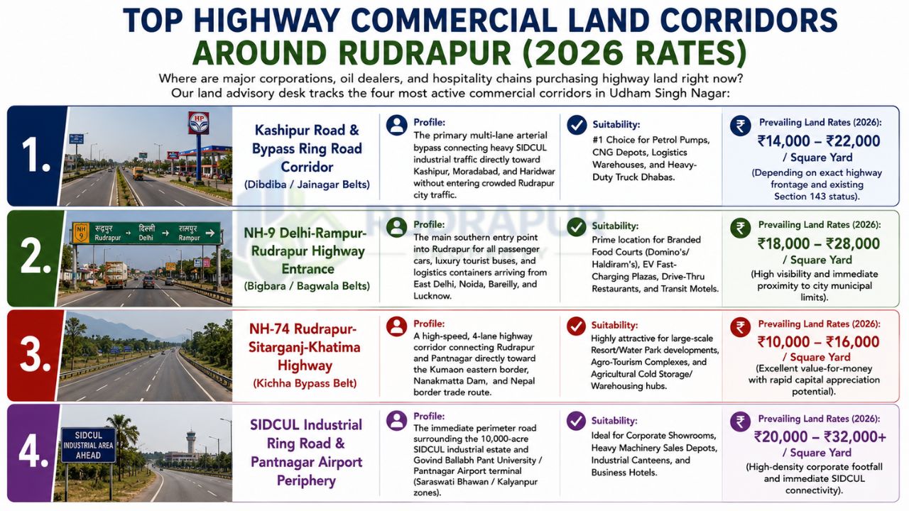 Infographic showing the top highway commercial land corridors around Rudrapur, including Kashipur Road Bypass, NH-9, NH-74, and SIDCUL Ring Road with 2026 land rates and investment opportunities.