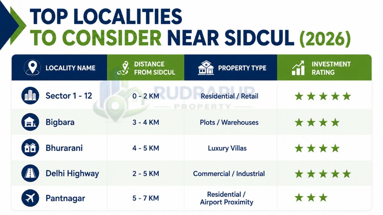 Infographic showing the top localities near SIDCUL Rudrapur in 2026, including Sector 1–12, Bigbara, Bhurarani, Delhi Highway, and Pantnagar with distance, property type, and investment ratings.
