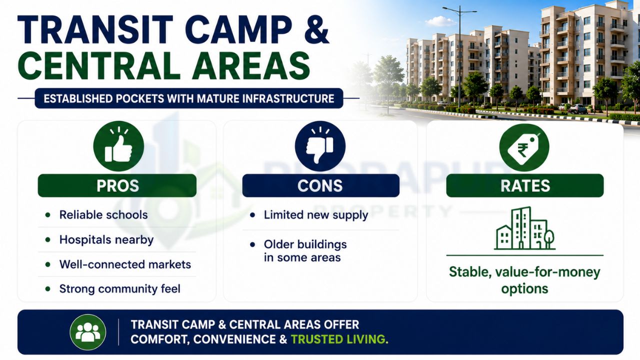 Infographic showing the advantages, disadvantages, and property value of Transit Camp and Central Rudrapur for families buying flats.
