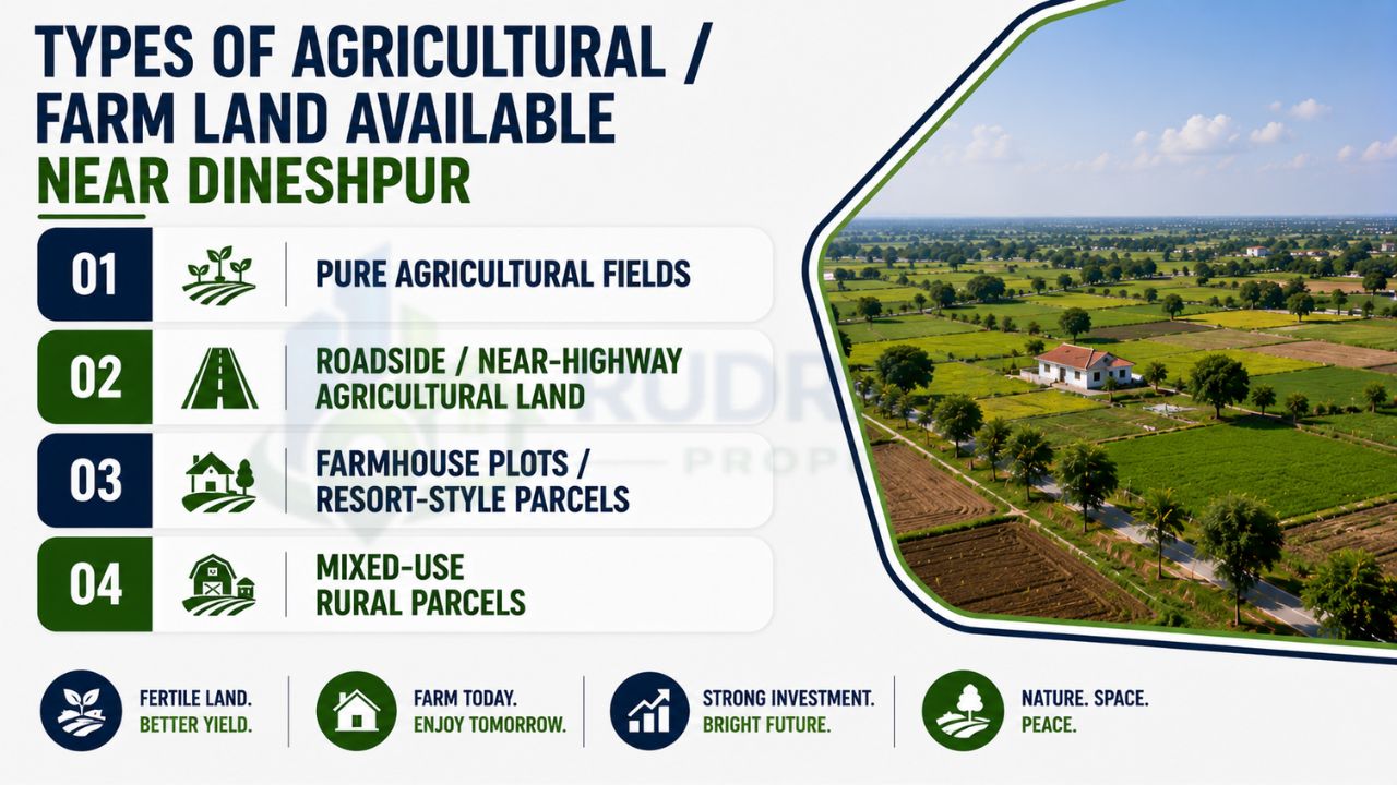Infographic showing different types of agricultural and farm land available near Dineshpur Rudrapur, including agricultural fields, roadside farmland, farmhouse plots, and mixed-use rural parcels.