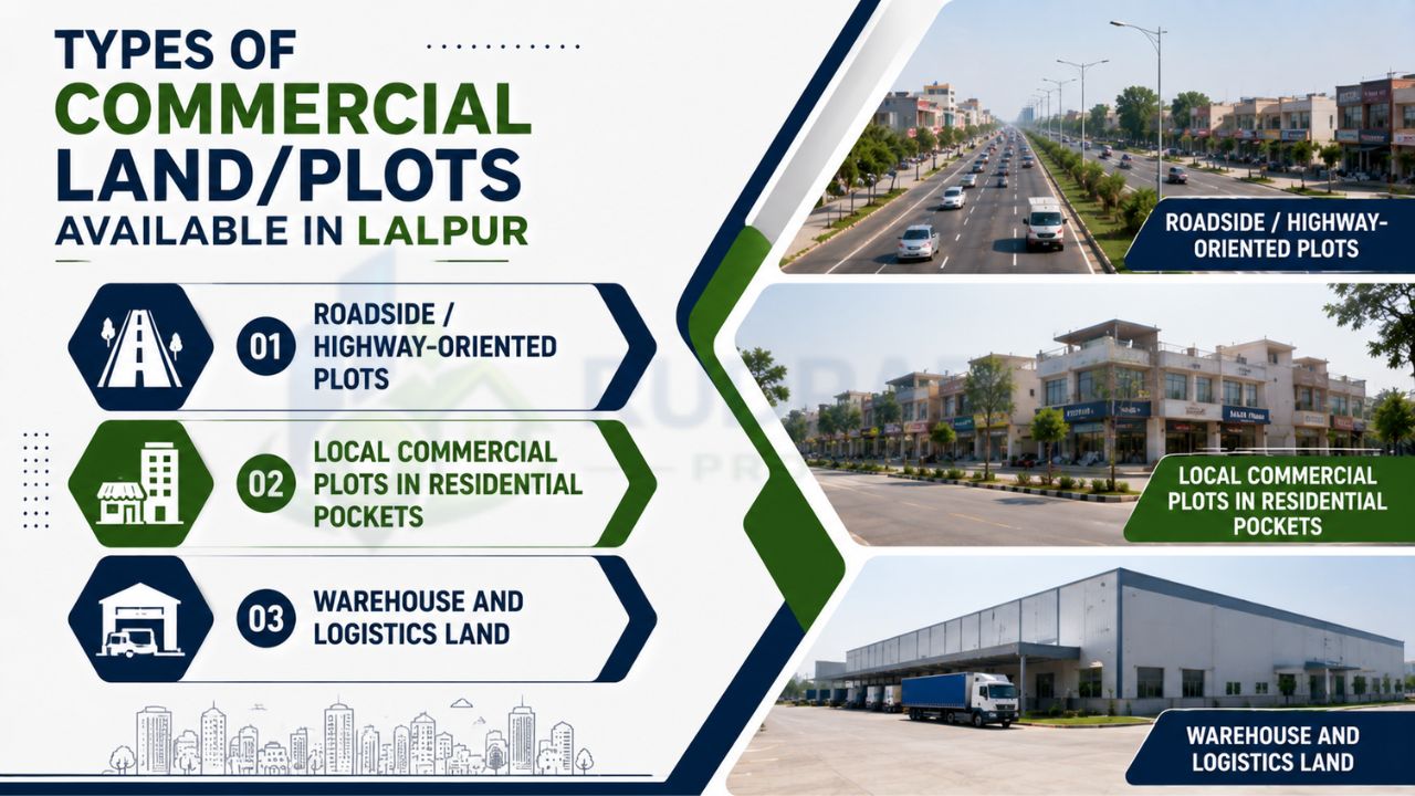 Infographic illustrating the different types of commercial plots available in Lalpur Rudrapur, including highway-facing plots, residential commercial plots, and warehouse land.