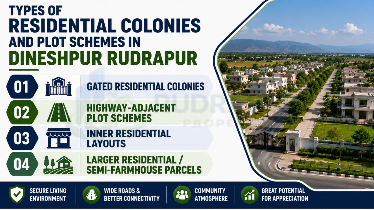Infographic explaining different types of residential colonies in Dineshpur Rudrapur, including gated communities, highway plot schemes, residential layouts, and semi-farmhouse parcels.