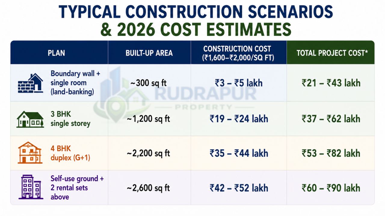 Infographic showing typical house construction scenarios in Rudrapur with built-up area, estimated construction costs, and total project budgets for different residential home types in 2026.