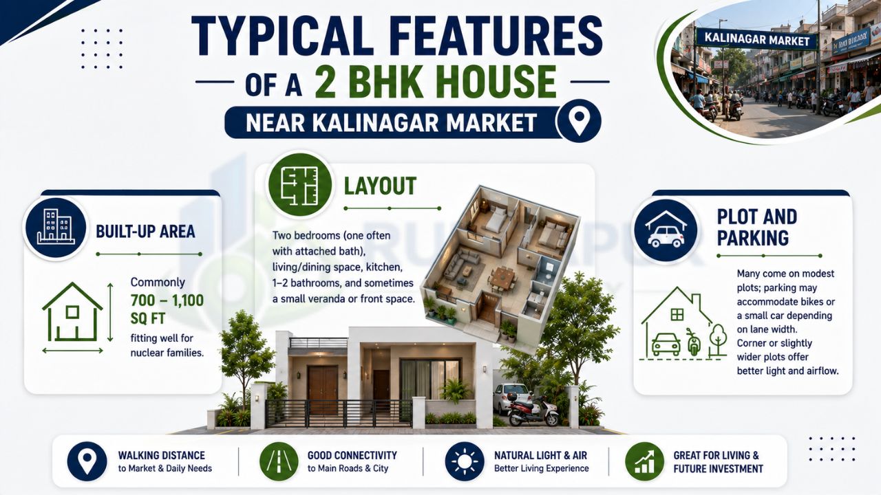 Infographic showing the typical built-up area, layout, plot size, parking, and key features of a 2 BHK house near Kalinagar Market in Rudrapur.