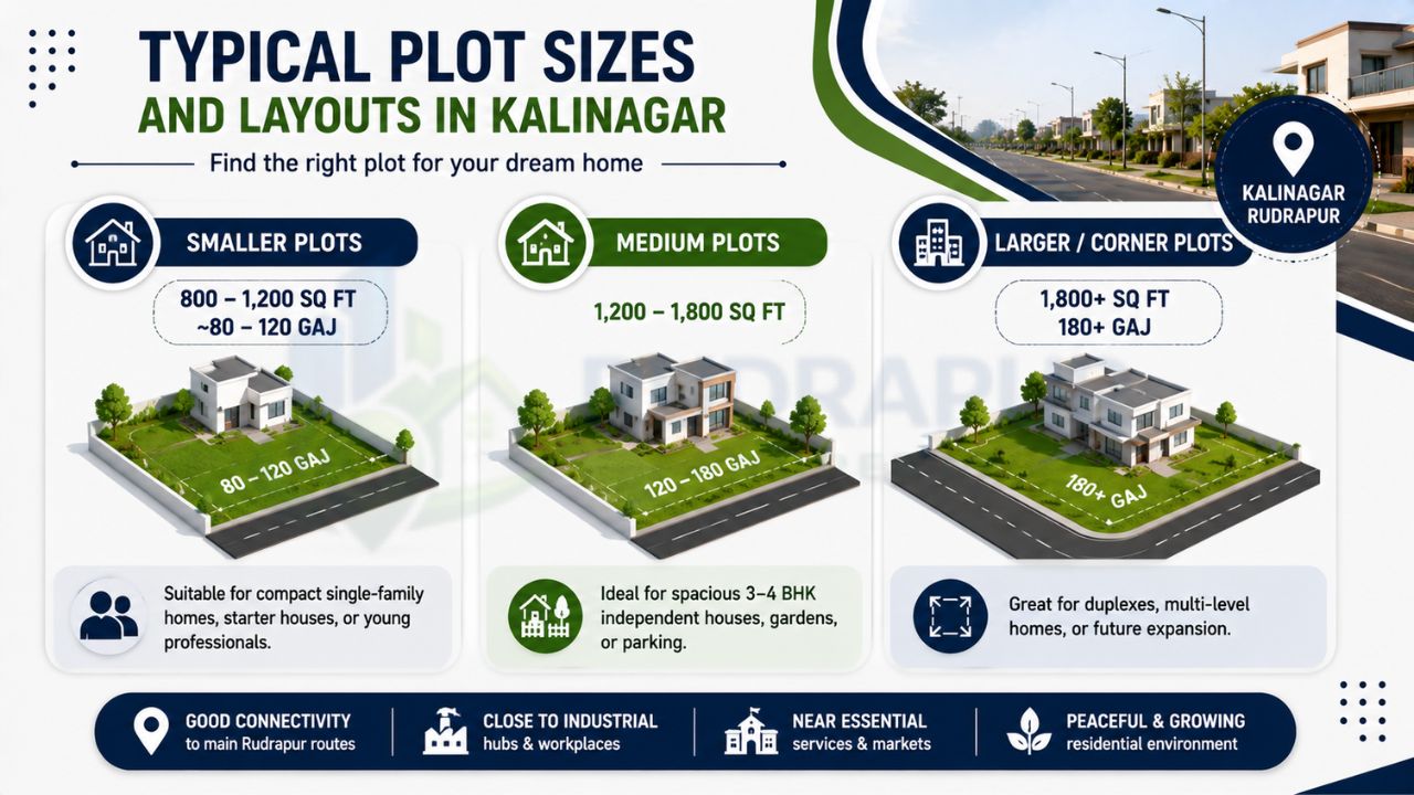 Infographic illustrating typical residential plot sizes and layouts in Kalinagar Rudrapur, including small, medium, and large residential plots.