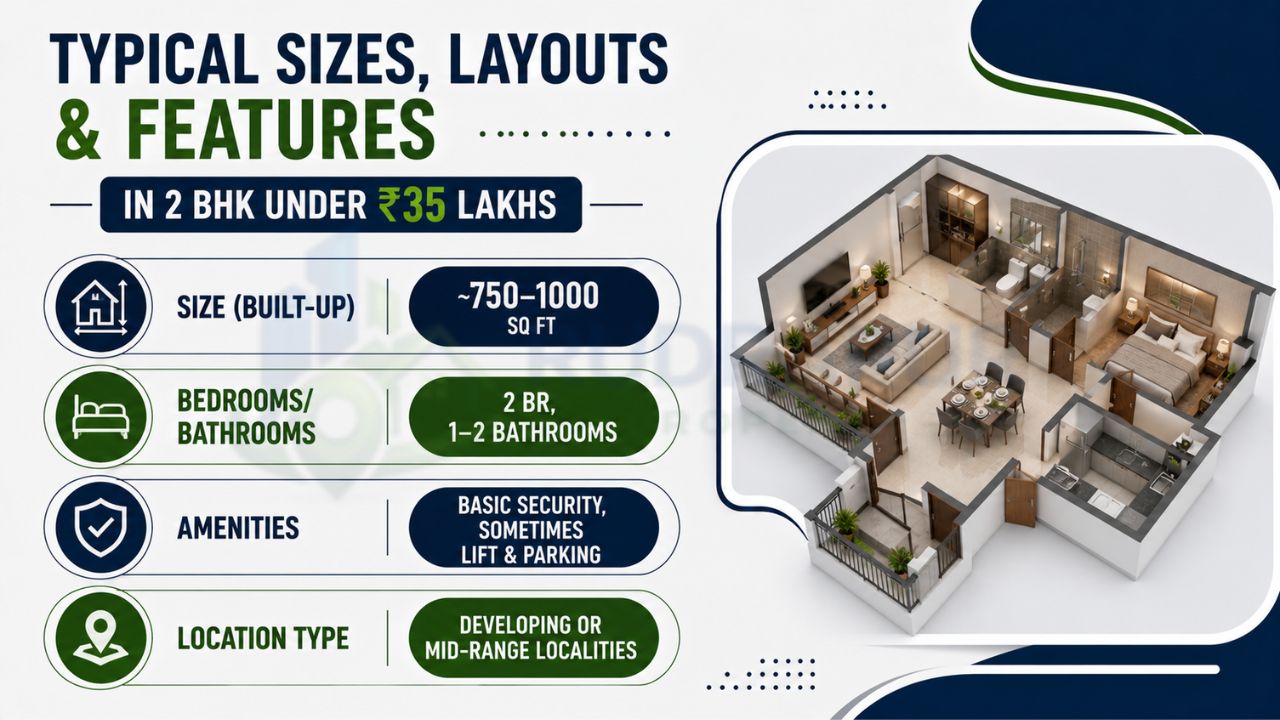 Infographic showing the common size, floor layout, bedrooms, bathrooms, amenities, and location types of affordable 2 BHK flats in Rudrapur.
