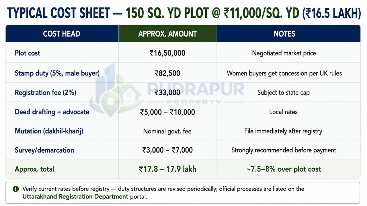 Infographic showing the complete cost sheet for buying a 150 sq. yd residential plot in Rudrapur, including plot cost, stamp duty, registration charges, legal fees, mutation, and survey expenses.