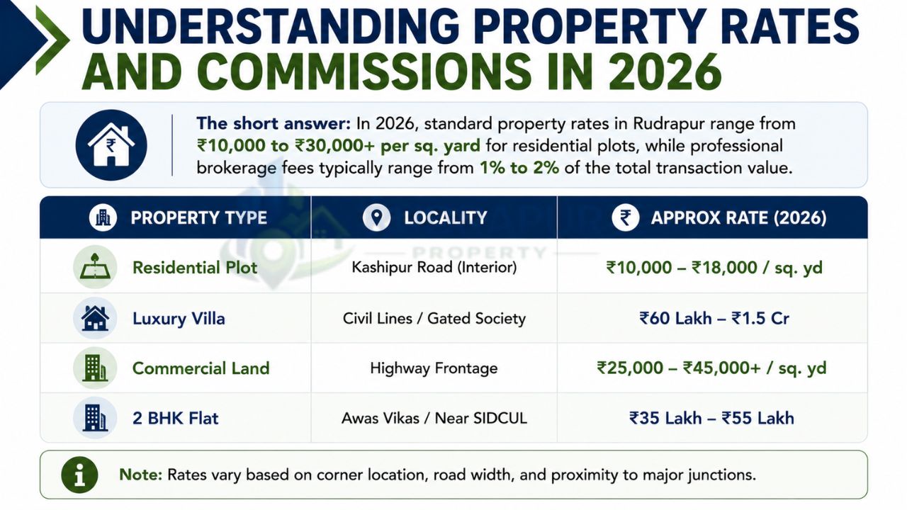 Infographic explaining 2026 property rates and brokerage commissions in Rudrapur for residential plots, villas, commercial land, and 2 BHK flats.