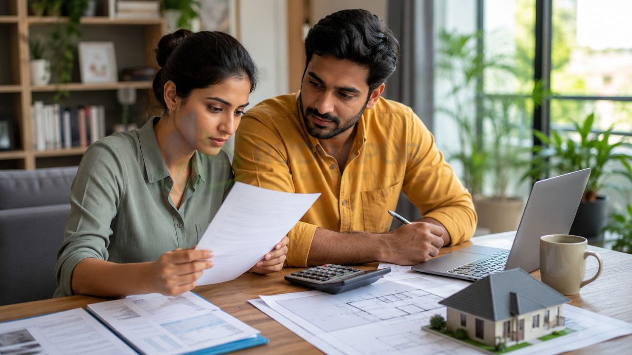 Homebuyers reviewing property documents, calculator, laptop, and house model while estimating Uttarakhand stamp duty and registry charges before property registration.