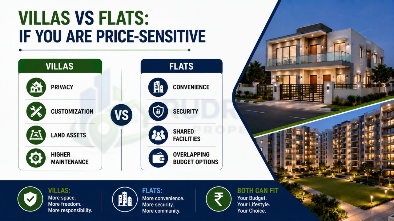 Comparison infographic showing villas vs flats in Dineshpur near Rudrapur, highlighting privacy, customization, security, shared amenities, maintenance costs, and affordability for home buyers.