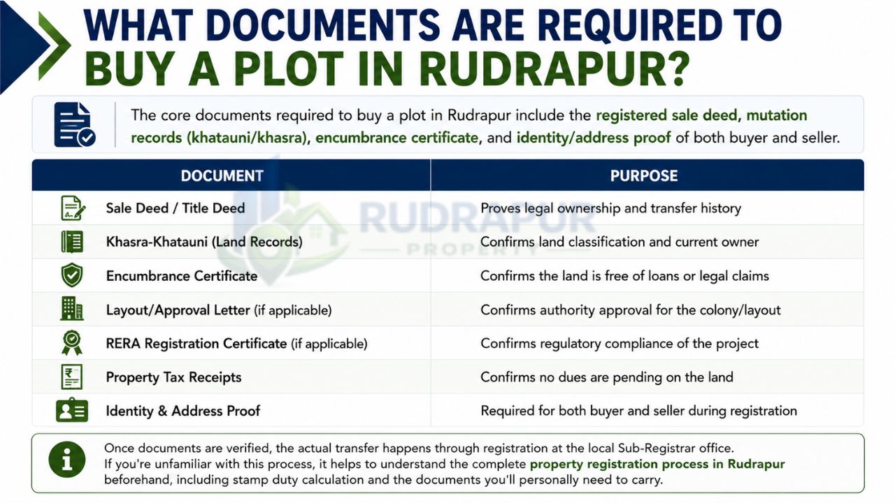 Infographic showing the essential documents required to buy a plot in Rudrapur, including sale deed, khasra-khatauni, encumbrance certificate, RERA certificate, and identity proof.