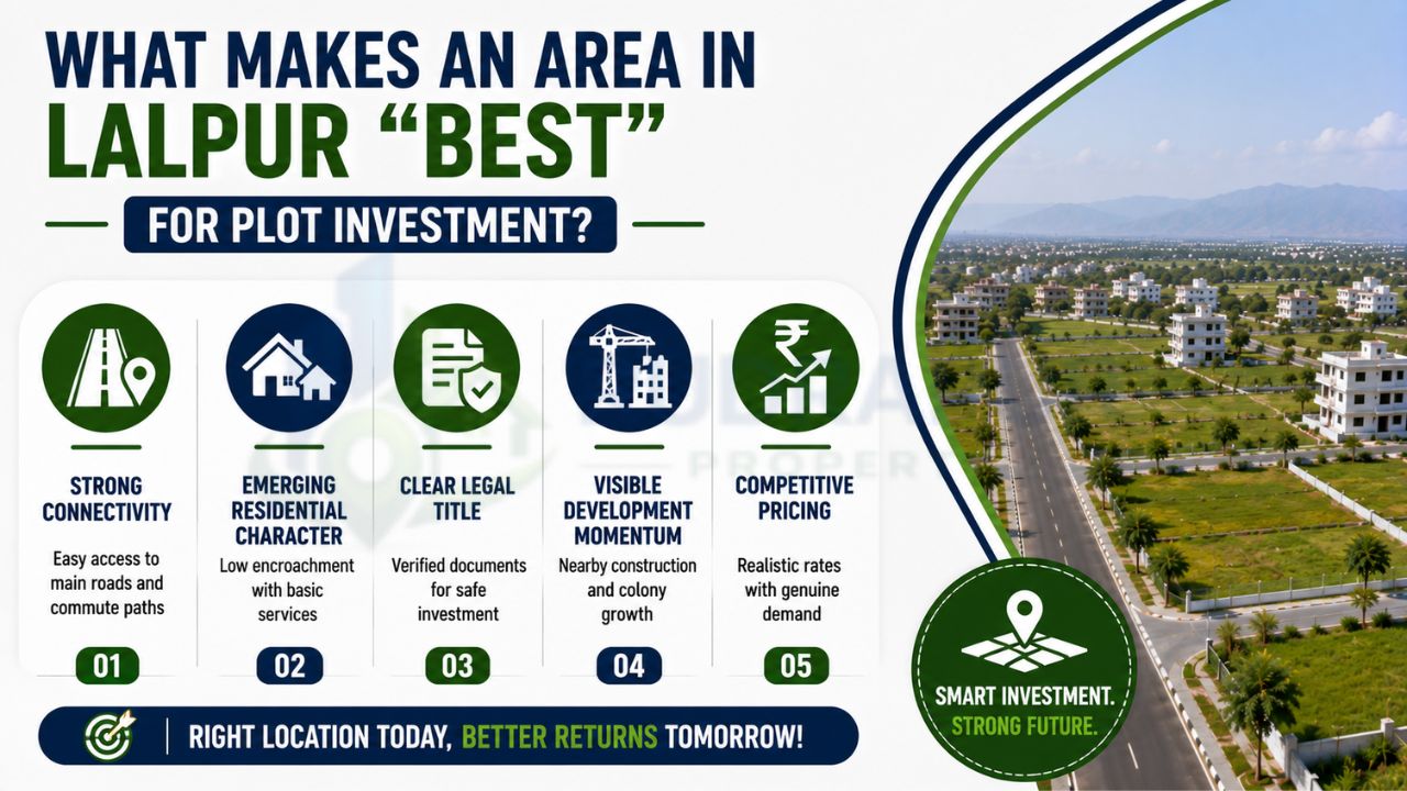 Infographic highlighting the key factors that make Lalpur Rudrapur a top location for plot investment, including connectivity, residential growth, legal clarity, infrastructure development, and competitive property prices.