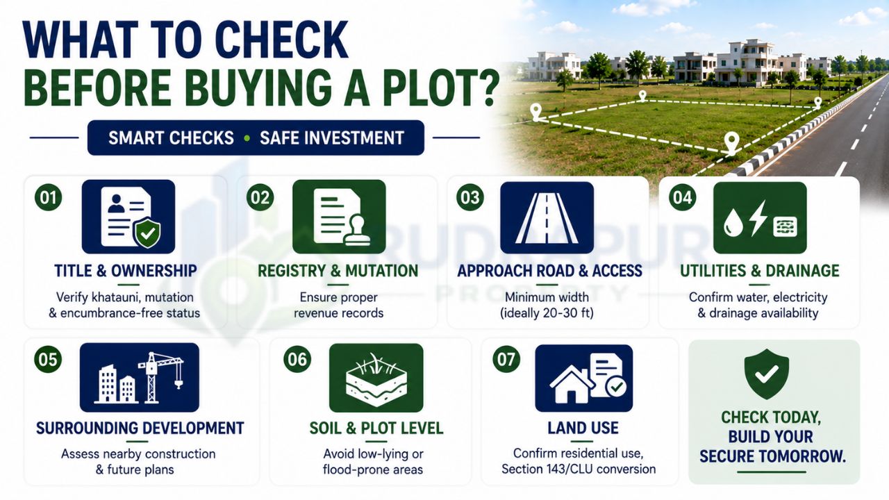 Infographic showing the essential legal, technical, and infrastructure checks before purchasing a residential plot, including title verification, registry, road access, utilities, soil quality, and land use.