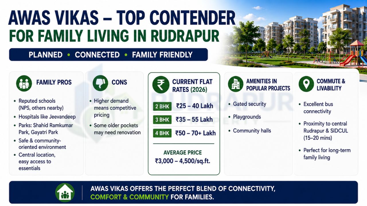 Infographic highlighting Awas Vikas in Rudrapur with flat prices, amenities, connectivity, schools, hospitals, parks, and family-friendly advantages.