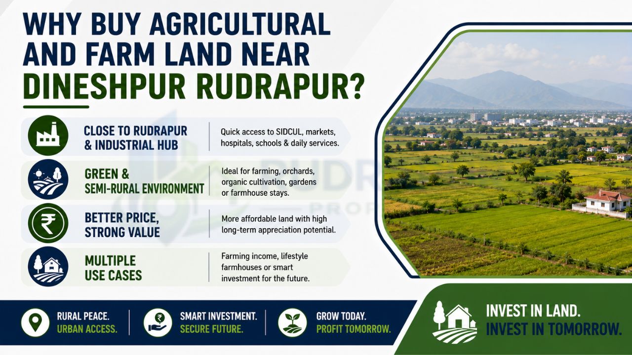 Infographic highlighting the benefits of buying agricultural and farm land near Dineshpur Rudrapur, including proximity to SIDCUL, green surroundings, affordable prices, multiple use cases, and future appreciation potential.