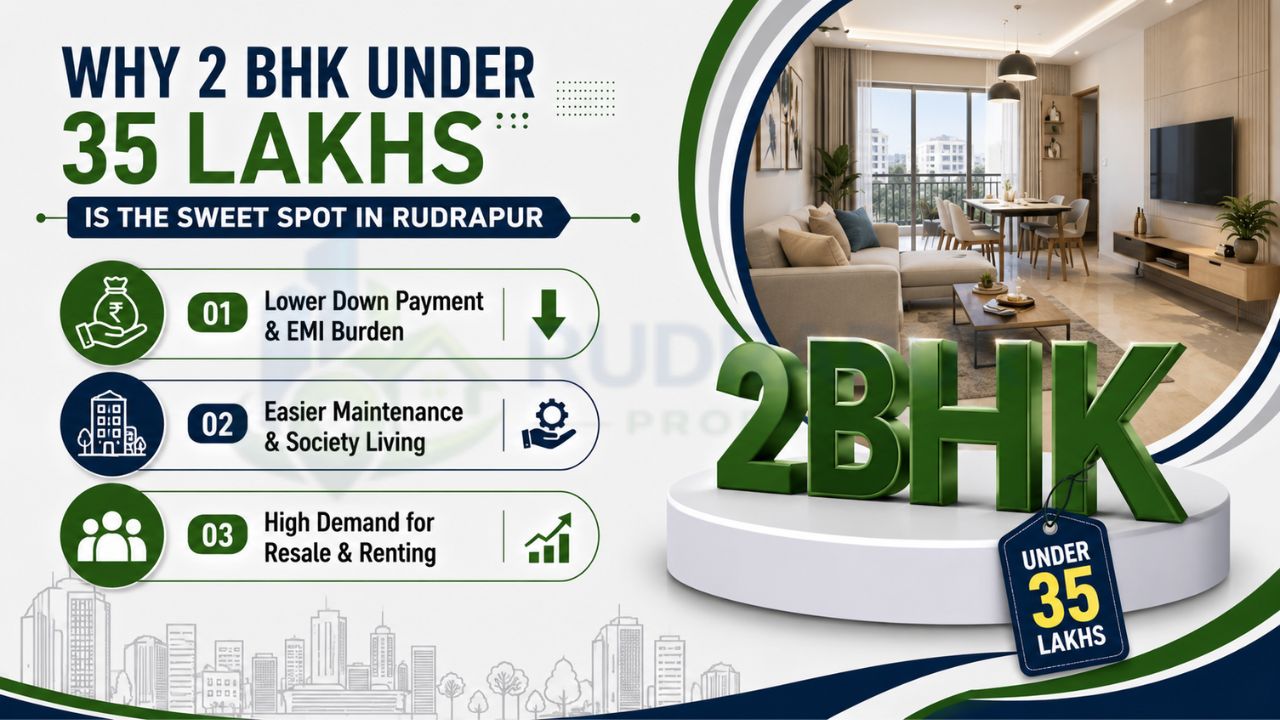 Infographic highlighting the benefits of purchasing a 2 BHK flat in Rudrapur under ₹35 lakhs, including affordability, low EMI, easy maintenance, and strong rental demand.