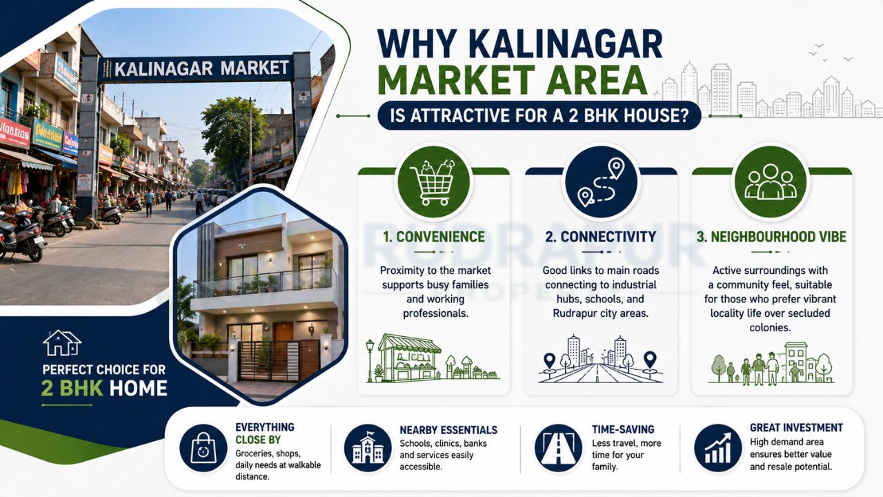 Infographic highlighting the advantages of buying a 2 BHK house near Kalinagar Market, including convenience, connectivity, neighbourhood lifestyle, and investment value.