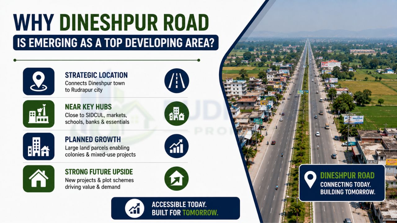 Infographic highlighting why Dineshpur Road is a fast-growing real estate corridor with strategic location, SIDCUL connectivity, planned developments, infrastructure growth, and future investment potential.