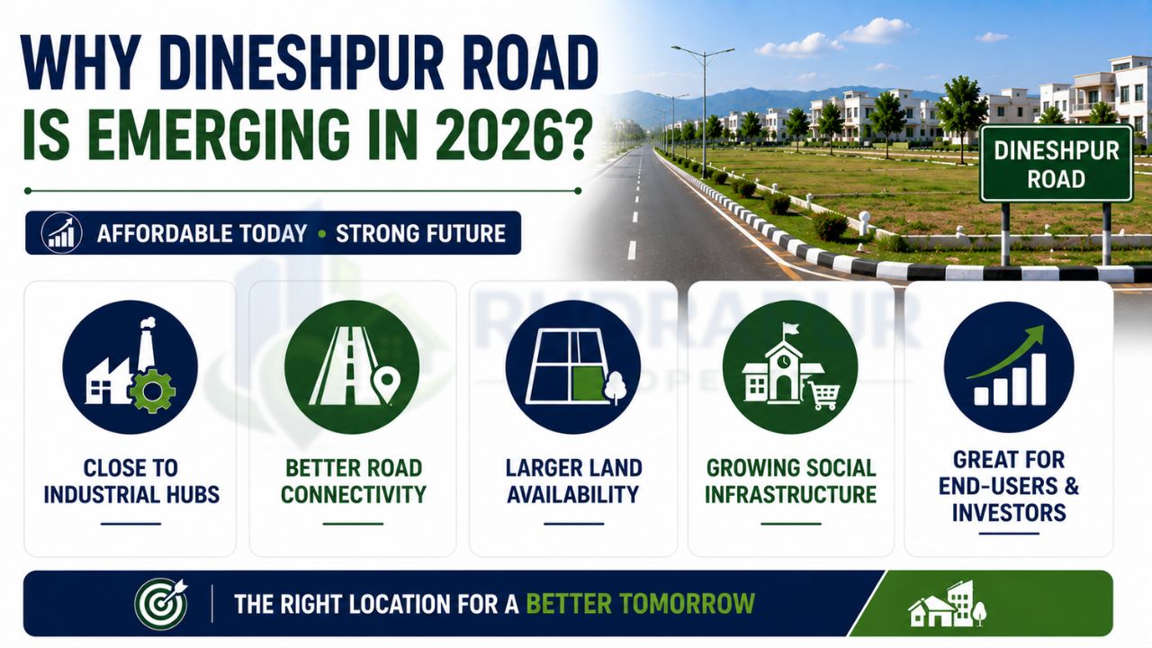 Infographic highlighting the growth drivers of Dineshpur Road, including industrial connectivity, road infrastructure, land availability, social development, and investment potential.