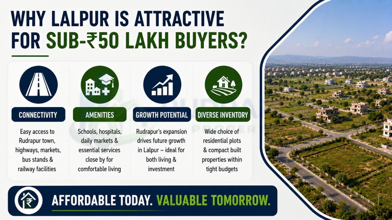 Infographic highlighting why Lalpur Rudrapur is attractive for buyers with a budget below ₹50 lakhs, featuring connectivity, amenities, growth potential, and affordable residential options.