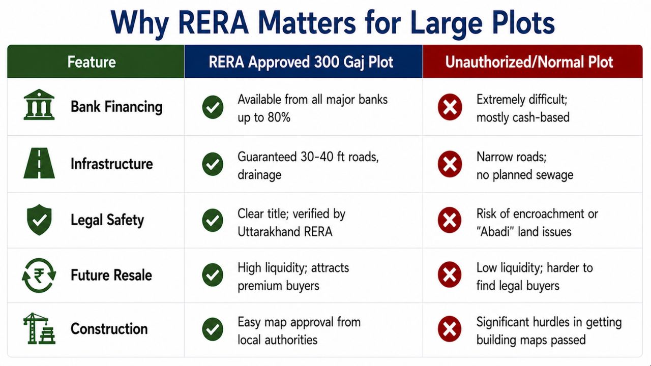 Comparison chart explaining why RERA approval matters for large plots by comparing RERA-approved 300 Gaj plots with unauthorized plots based on financing, infrastructure, legal safety, resale value, and construction approval.