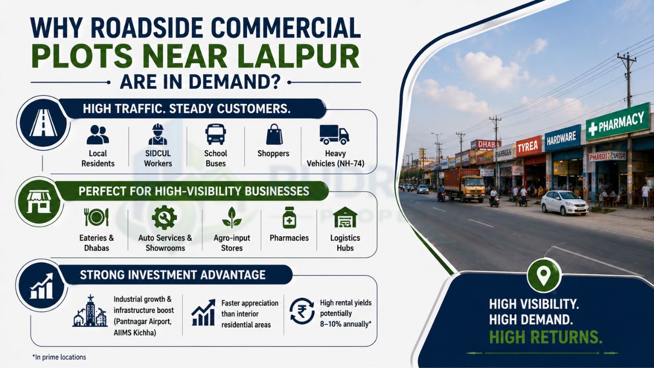 Infographic explaining why roadside commercial plots near Lalpur Rudrapur attract businesses due to high traffic, strong visibility, and investment potential.